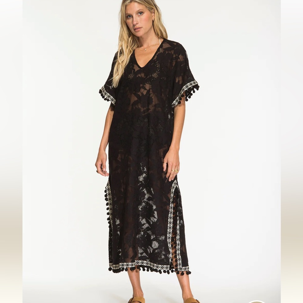 NIGHTCAP Free People *Sun Kissed* black lace kaftan tassel coverup dress XS